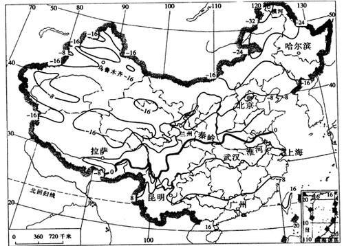 读我国一月平均气温图,回答下列问题:(1)0℃等温线