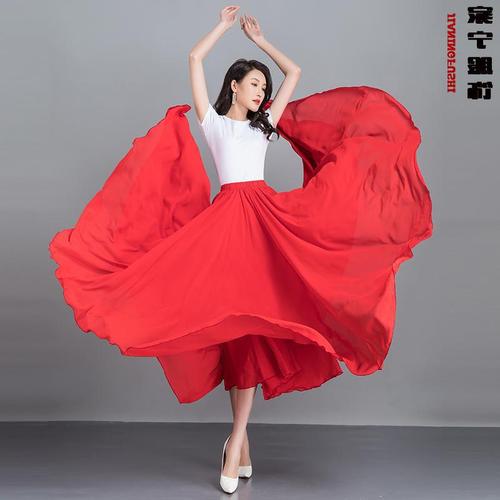 720度大摆红色民族舞蹈裙双层纯色雪纺广场舞半身裙大码百褶长裙