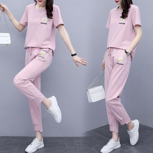 纯诗妮2020夏季新款韩版运动服套装女气质显瘦洋气休闲短袖九分裤两件