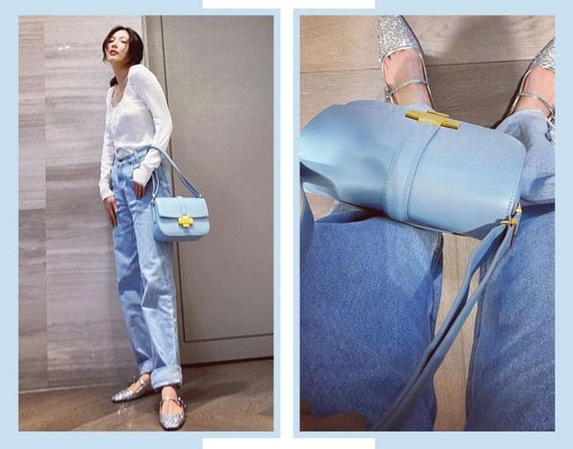 蓝的包包,欧阳娜娜背过一只 婴儿蓝的 prada hobo,搭配蓝色条纹衬衫