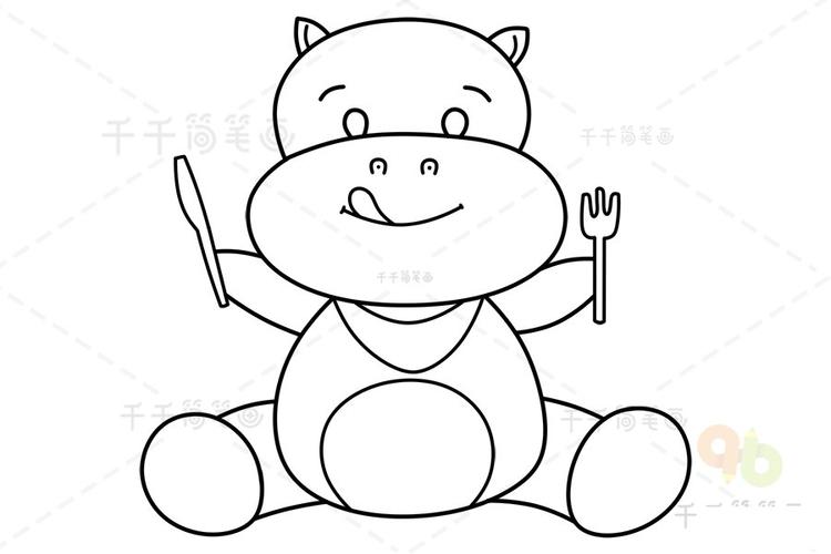 第五步:画出河马手中的刀叉 第六步:涂色,河马简笔画完成!