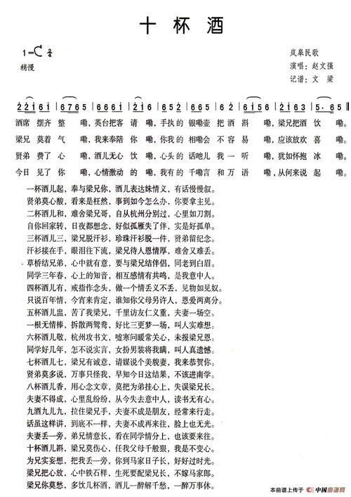 歌谱:十杯酒(酒曲)(简谱)