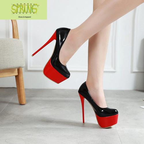 恨天高16厘米超高跟鞋新款拼色性感细跟单鞋16cm高跟鞋防水台女鞋 语