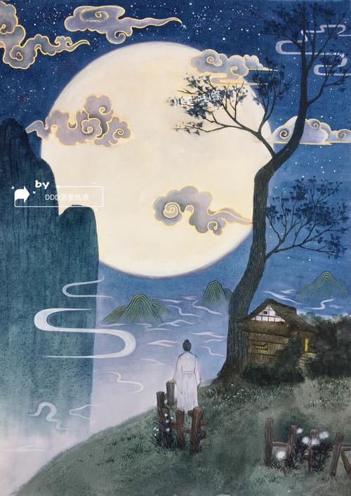 走马民间故事插画第二幅罗隐对月休妻故事内容是罗隐从天宫回家心里很