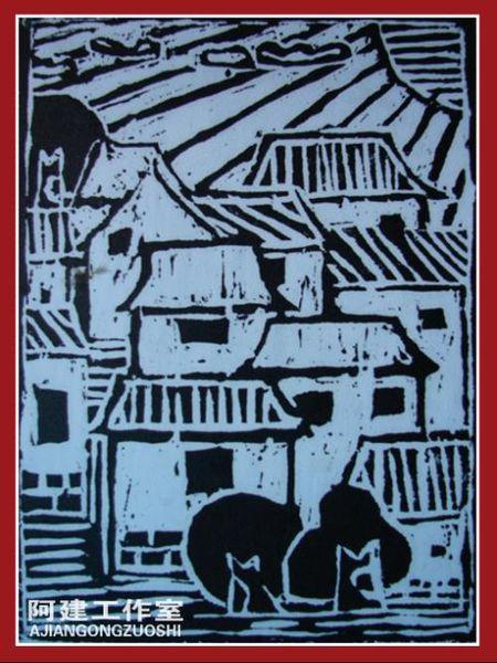 简单黑白木刻版画风景素材