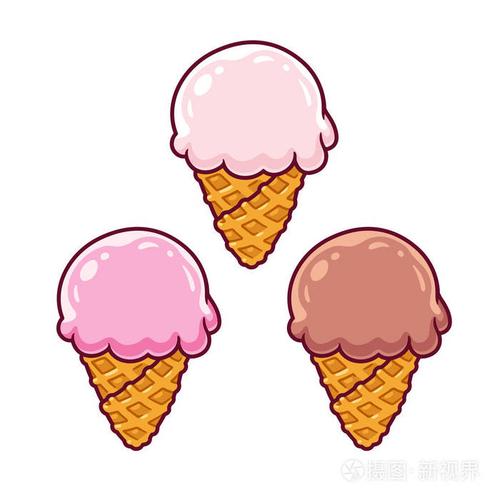 卡通冰淇淋华夫饼锥套装. 香草草莓和巧克力.