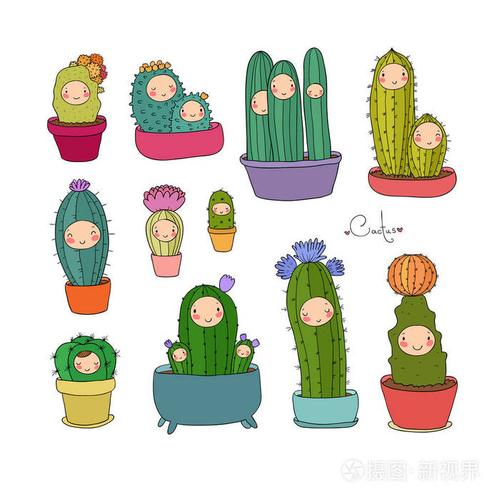 可爱的卡通仙人掌和多汁的锅向量