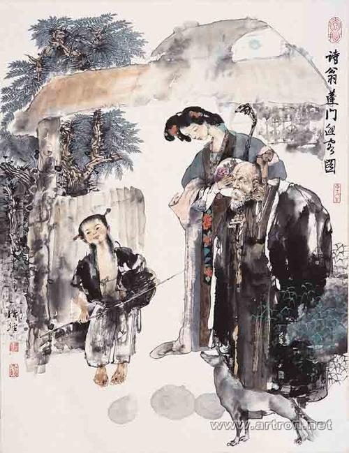 吴绪经 《诗翁蓬门迎客图》