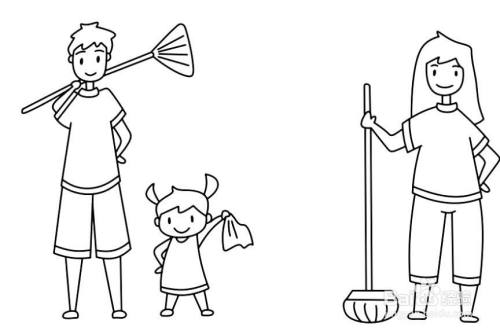 中间的位置画出妹妹,手中拿着抹布.