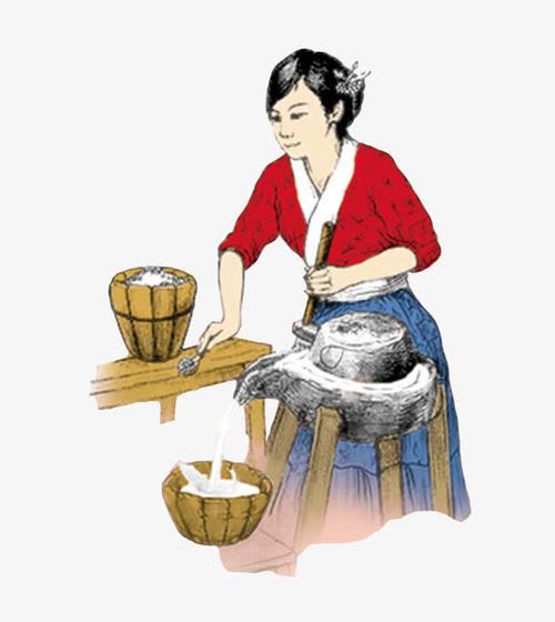 关键词 : 石磨,传统工艺,手绘古典磨豆浆的女人