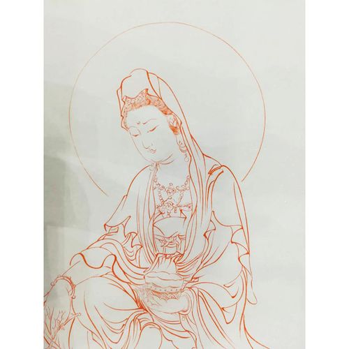 观音菩萨画像手绘真迹朱砂线描人物国画未裱画心四尺竖幅客厅字画