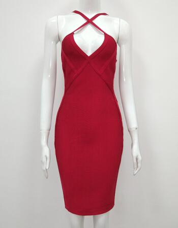 欧美性感深v交叉绑带镂空挂脖无袖绷带连衣裙紧身包臀晚礼服 酒红色 s