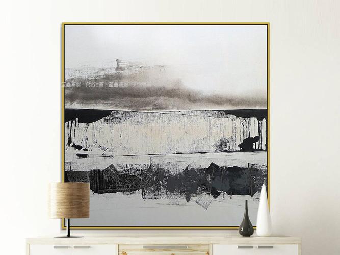 现代简约淡雅北欧装饰画纯手绘抽象画黑白灰挂画正方玄关家装画