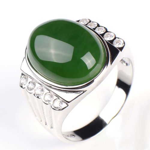 天然玉石和田碧玉戒指 银镶玉戒指s925银镶嵌碧玉男士