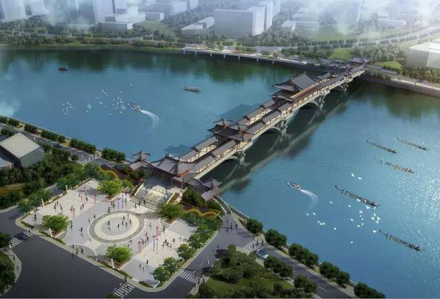 五津廊桥建设工程 建成长约288米,宽约16米的市政仿古步行廊桥,包括