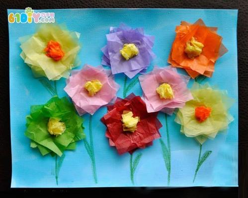 幼儿园妇女节手工制作立体花朵贴画手工材料:卡纸,搓纸,蜡笔,剪刀