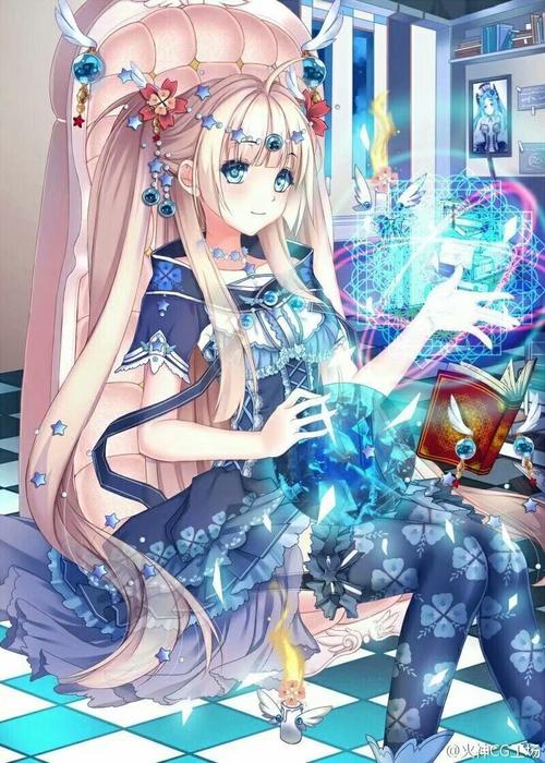 二次元 少女 双马尾 蓝瞳 魔法师 书 水晶球 华丽