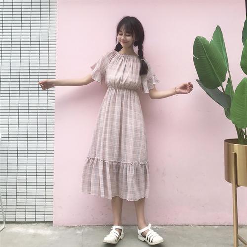热卖仙气连衣裙森女系一字肩韩版女小清新长裙00后大学生樱田川岛裙子