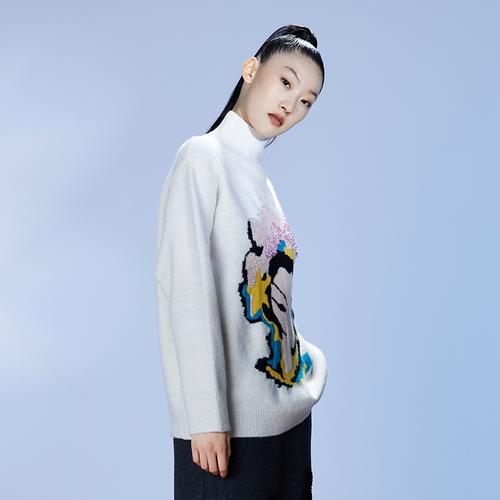 云思木想2020冬装新款女装高领宽松慵懒提花钉珠毛衣女上衣98010