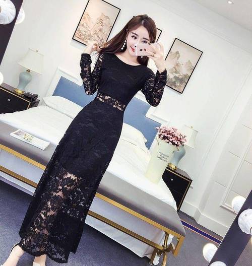 恒源祥名媛连衣裙2021秋夏新款性感a字修身长女装女生雷丝女士气质