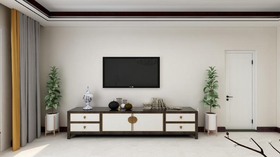 古色古香的电视柜装饰其中,其中两盆绿植分饰两面,,使空间更显古朴,又