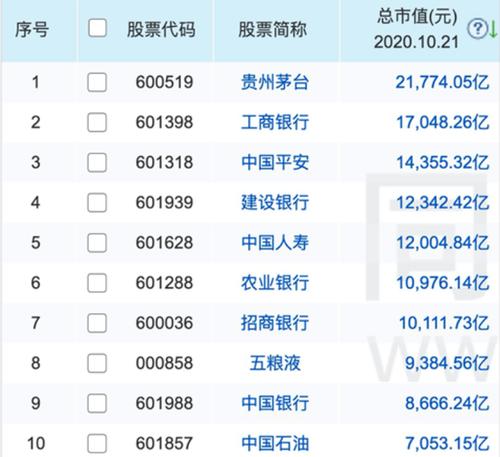 a股市值前十榜单(图片来源:同花顺)