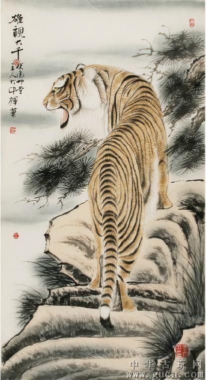 冯大中款上山虎23国画工笔生肖虎纯手绘