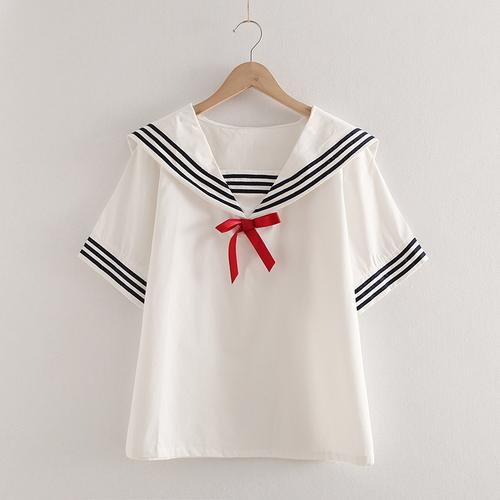 日系海军领系带水手服短袖t恤学生少女可爱蝴蝶结刺绣棉上衣 夏装
