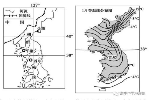 材料一 朝鲜半岛位置示意图和朝鲜半岛一月等温线分布图.1.