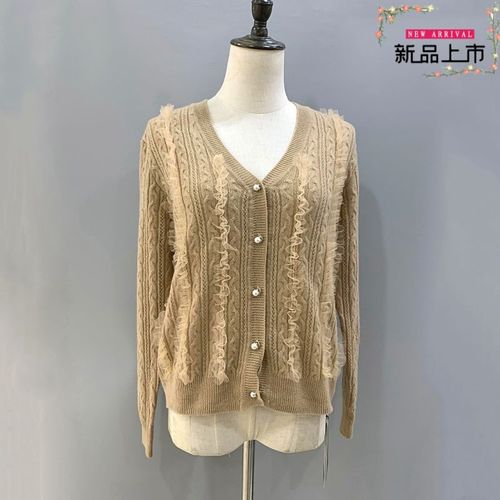 『微胖』12037时尚麦穗花网纱木耳边v领珍珠扣羊毛针织毛衣开衫秋