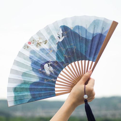 中国风古风仙鹤锦鲤折扇双面水彩画8寸18方竹扇纸扇