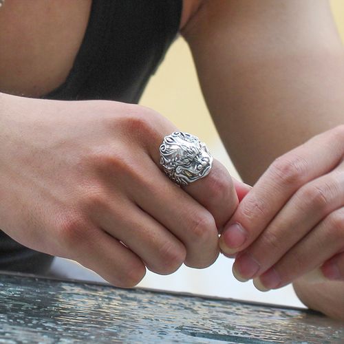 戒指男纯银狮子头素戒男士单身潮人个性韩版开口指环霸气食指男戒