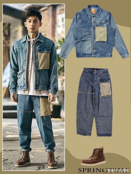 一整套的拼接牛仔搭配,透出了硬汉的气质.