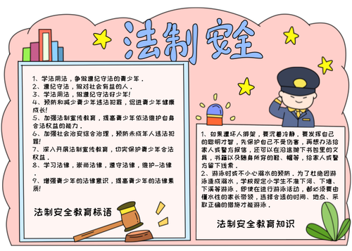 法制安全手绘儿童手抄报模板