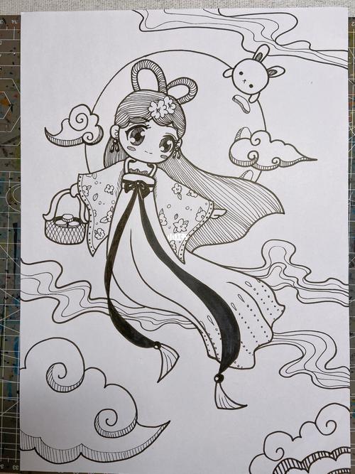 中秋节线描 儿童画 卡通嫦娥奔月 线描人物_线描_儿童