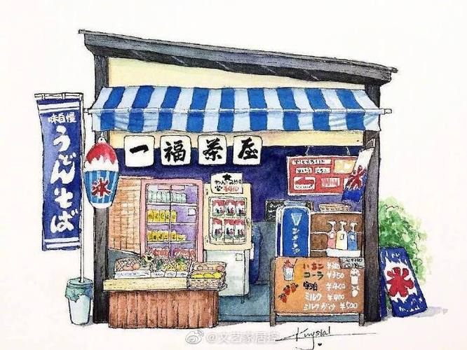 用水彩描绘出的日本街边小店铺,真可爱.