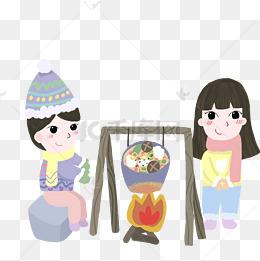 冬季暖色系卡通手绘孩子们围着篝火吃火锅