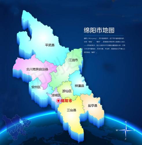 开区,仙海区,安州区; 六县:三台县,盐亭县,梓潼县,安县,北川县,平武县