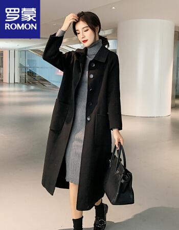 新款含羊毛大衣黑色双面尼大衣长款排扣毛呢外套女秋冬时尚穿搭黑色s