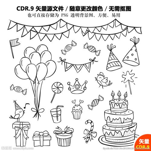 卡通生日派对线描素材图片