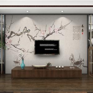 手绘梅花客厅沙发电视背景墙纸定制餐厅壁纸中式古风花鸟无缝壁画