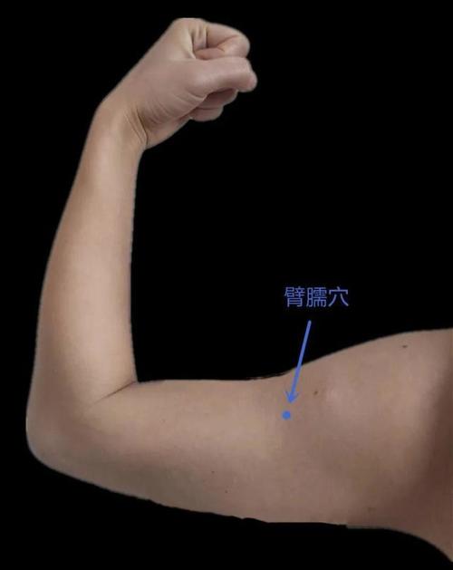 将自己的拇指立起来,放到臂臑穴处有筋结的部位,用力点下去,然后用