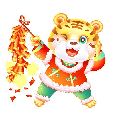春节传统服饰卡通老虎新年放鞭炮虎年喜庆元素png素材卡通虎年喜庆