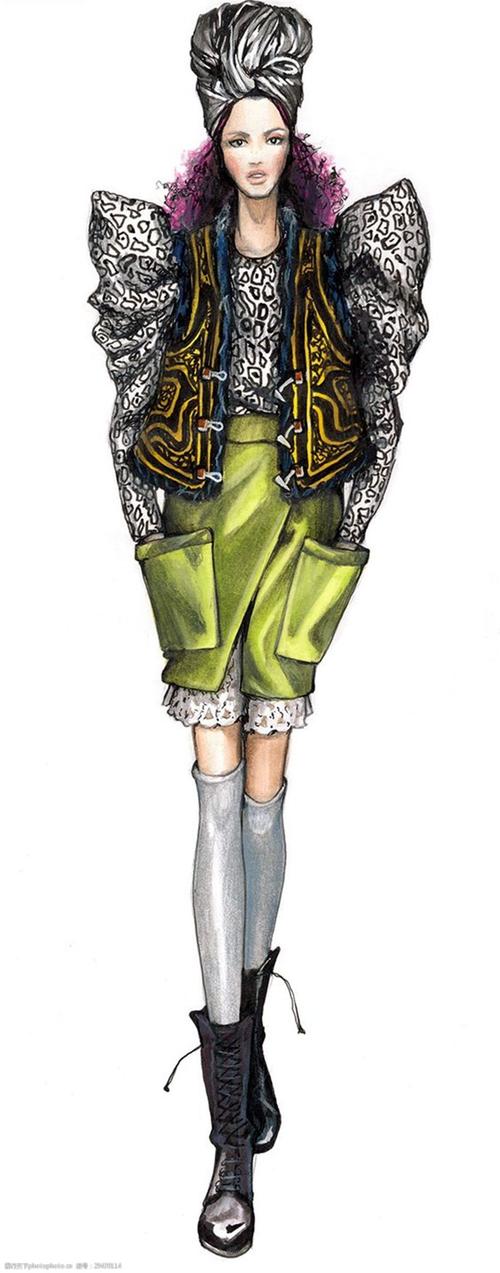 关键词:夸张风格斑点黑色外套女装效果图 服装设计 服装效果图 黑色