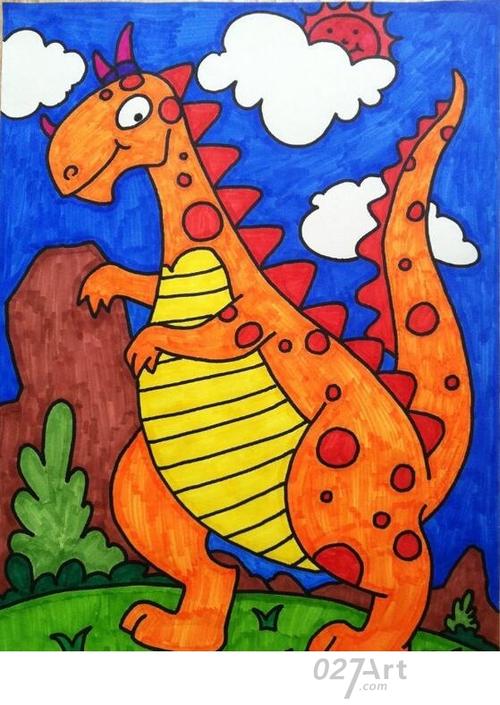 恐龙水彩笔画范画之橘红色的大恐龙