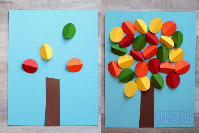 小班简单手工:圆形卡纸拼贴画立体感的秋天大树(步骤图解)