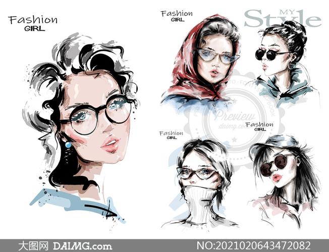 戴眼镜的美女人物绘画创意矢量素材