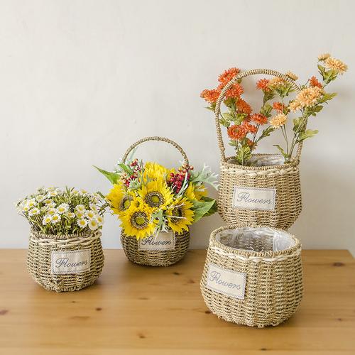 创意编织草编花篮大花盆藤编篮子插花纯手工编织多肉绿植田园_7折现价