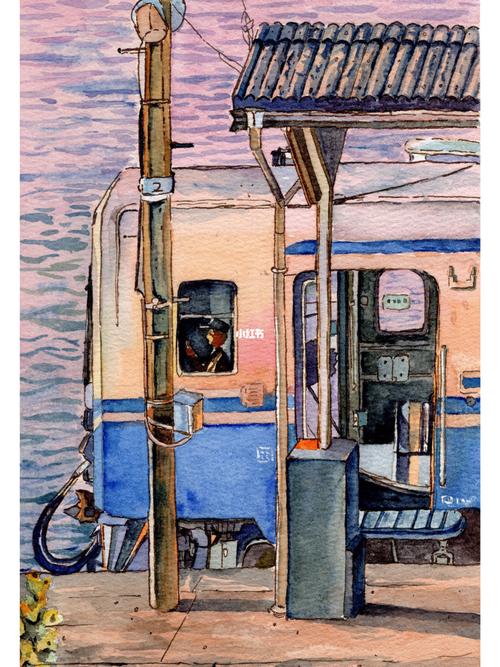 钢笔淡彩|海边火车车_钢笔淡彩_海边_火车_水彩画_水彩_文化_绘画
