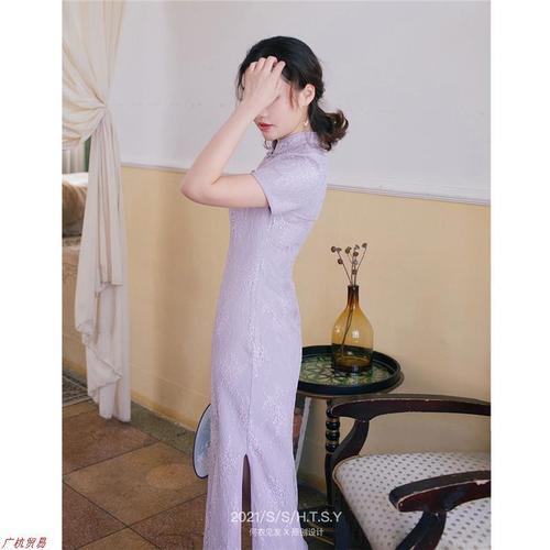 气质烟紫|2021春夏复古盘扣改良及踝旗袍开衩蕾丝仙女